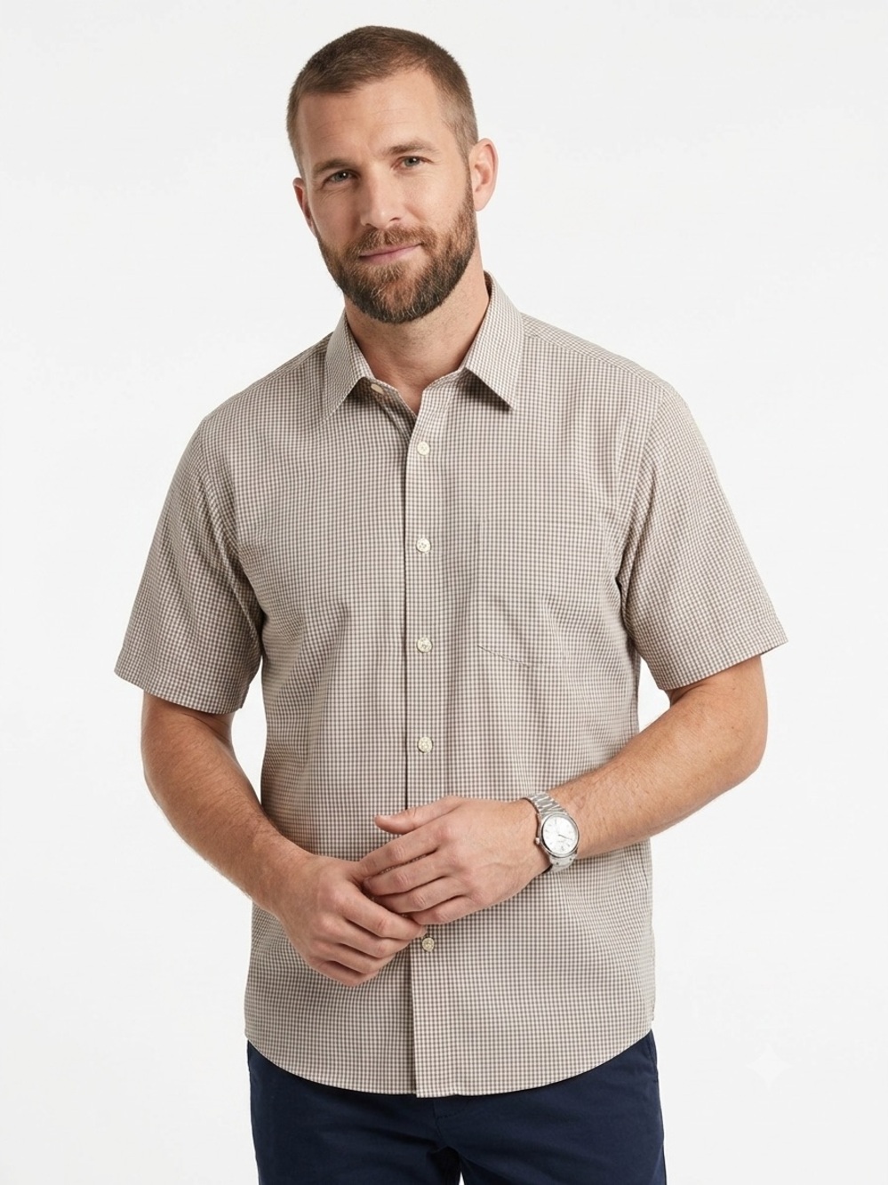 Dockers Men's Tan Short Sleeve Gingham Button-Down Shirt
